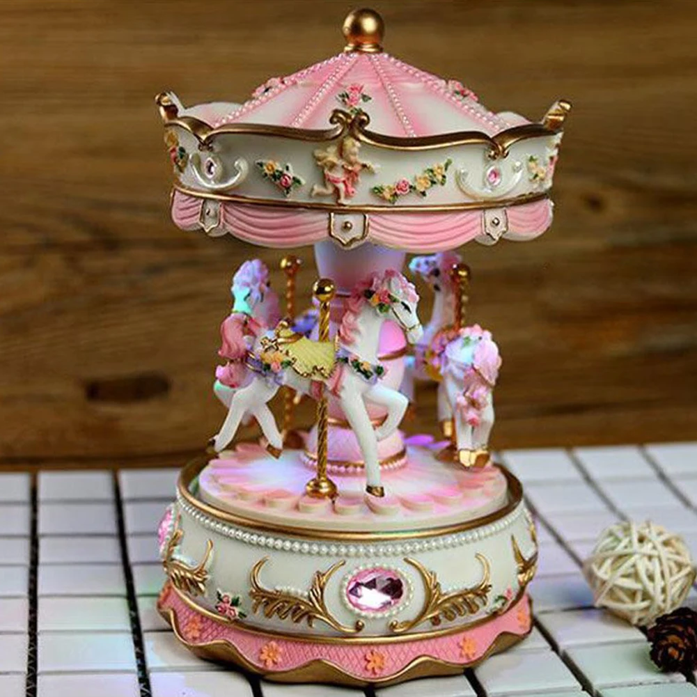 

Kid Music Box Decor Resin LED Light Handwork Clockwork Mechanism Valentine's Day Craft Color Changing Luxury Carousel Romantic