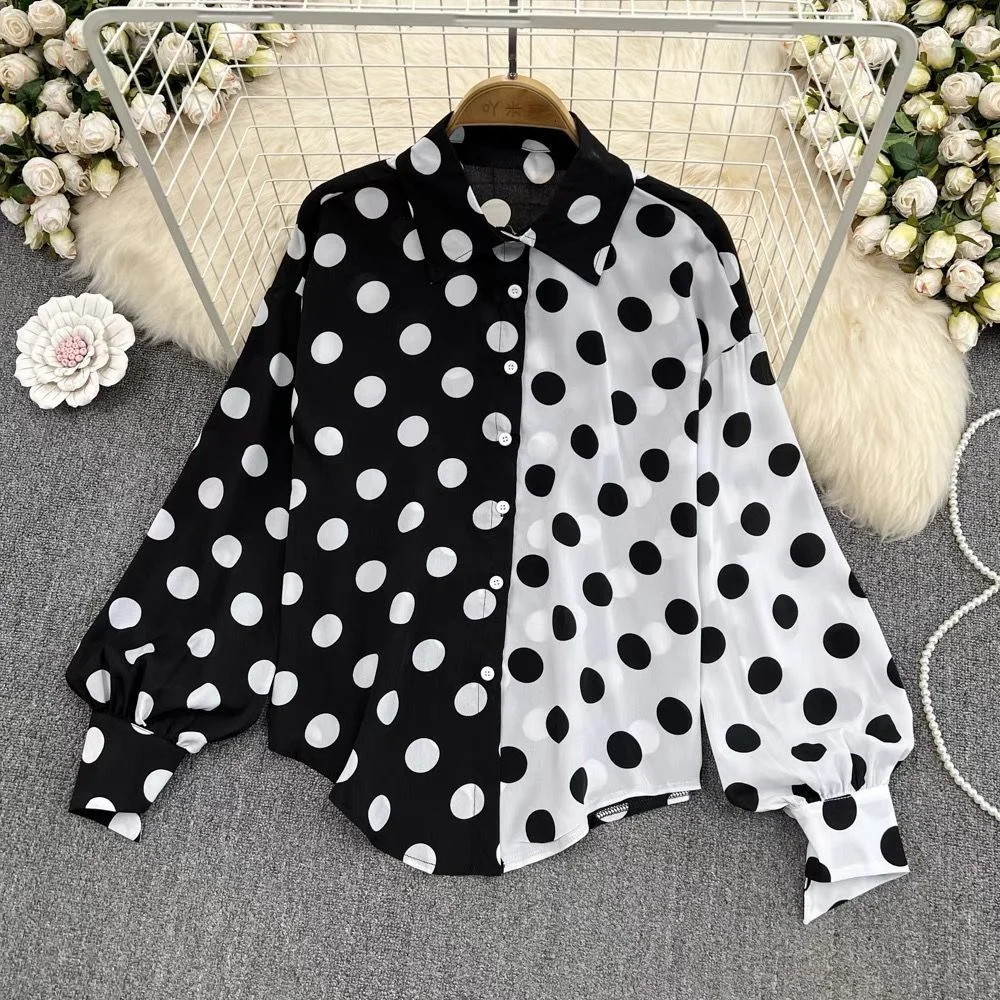 

Frence Unique Color Block Polka Dot Black Shirts Polo Collar Button Up Long Sleeve Shirt Blouse Office Lady Sweet Elegant Spring