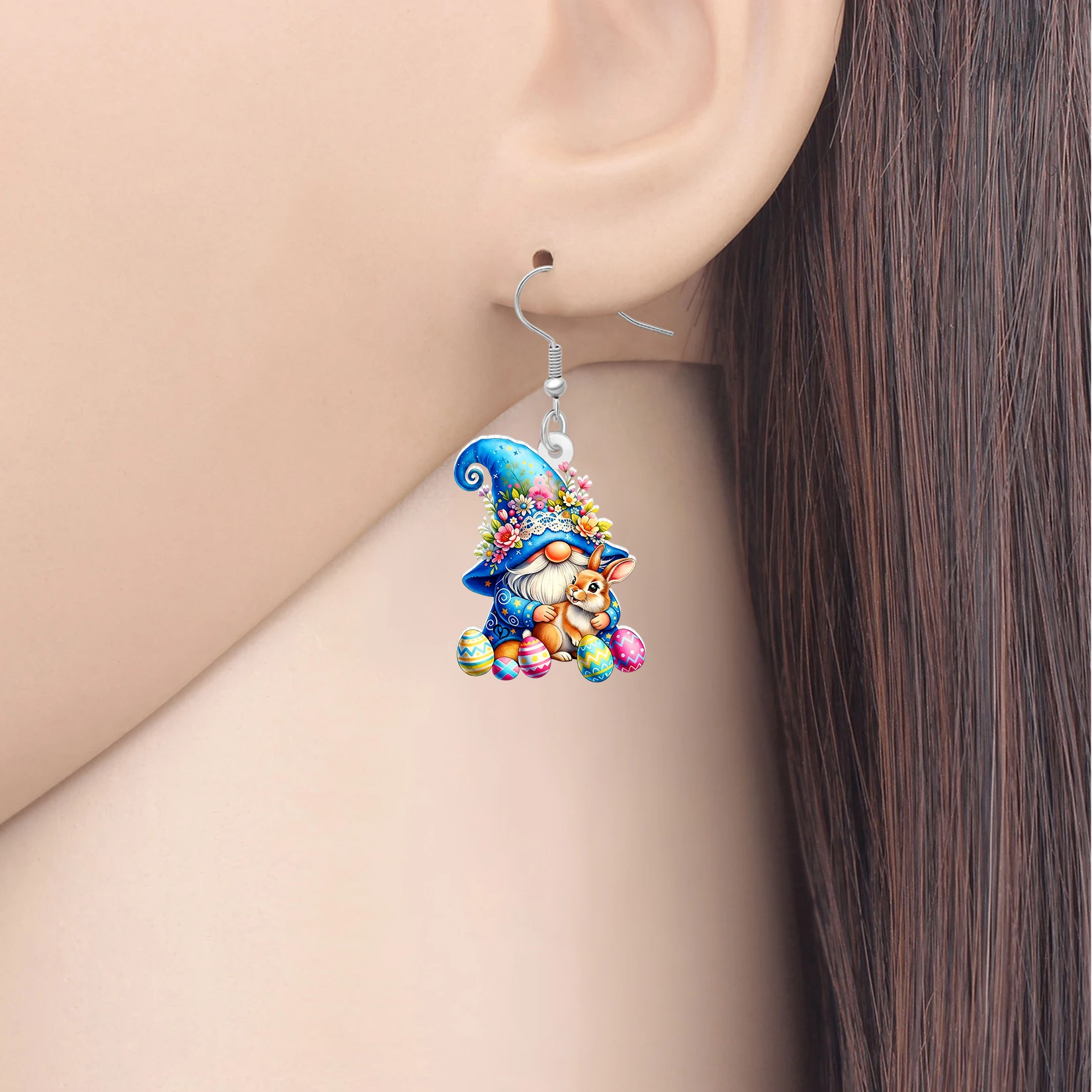 BONSNY Acrylic Easter Eggs Bunny Gnomes Drop Earrings Cute Rabbit Garden Dwarf Jewelry Spring Gnome Gifts For Women Hare Lovers