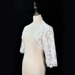 Chaqueta elegante de encaje para novia, Bolero blanco de manga 3/4, chaquetas de boda baratas