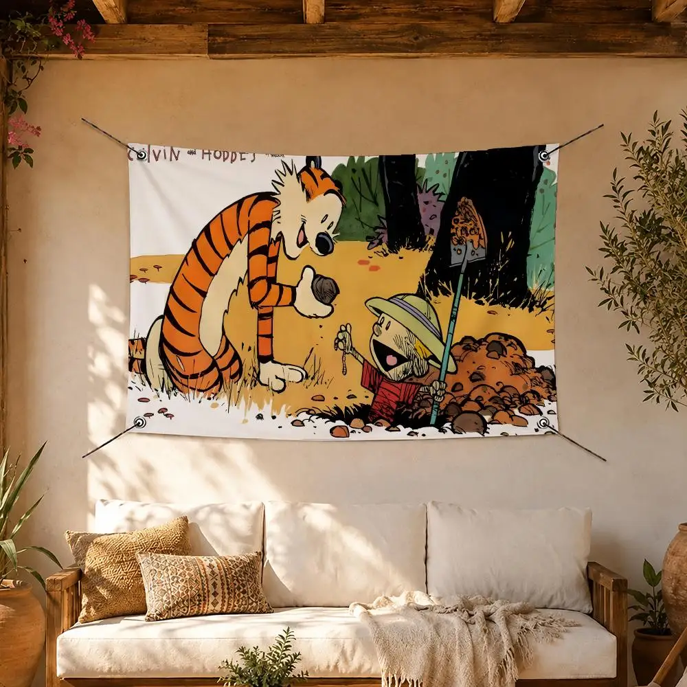 Cute Comic Calvin and Hobbes Flags Room Home Decor Wall‑Hanging Art Banner, Outdoor for Bedroom Party Background Decoration