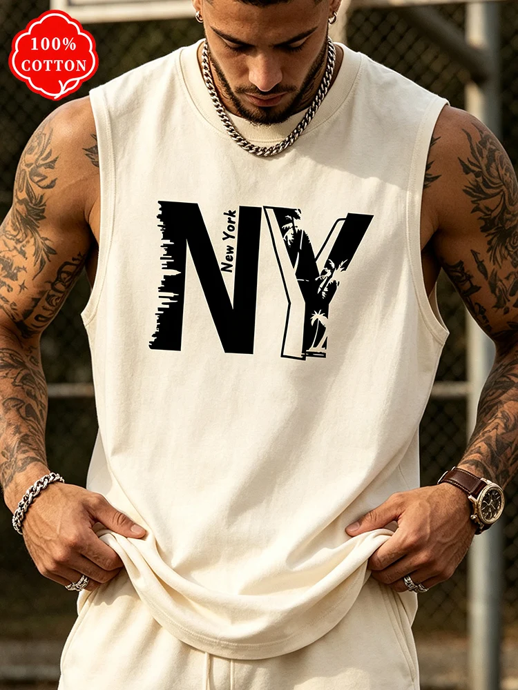 Men 100% Cotton Crew Neck Tank Top Vintage NY New York Graphic Sleeveless Shirt Loose Streetwear Summer Gym Muscle Tank-T85