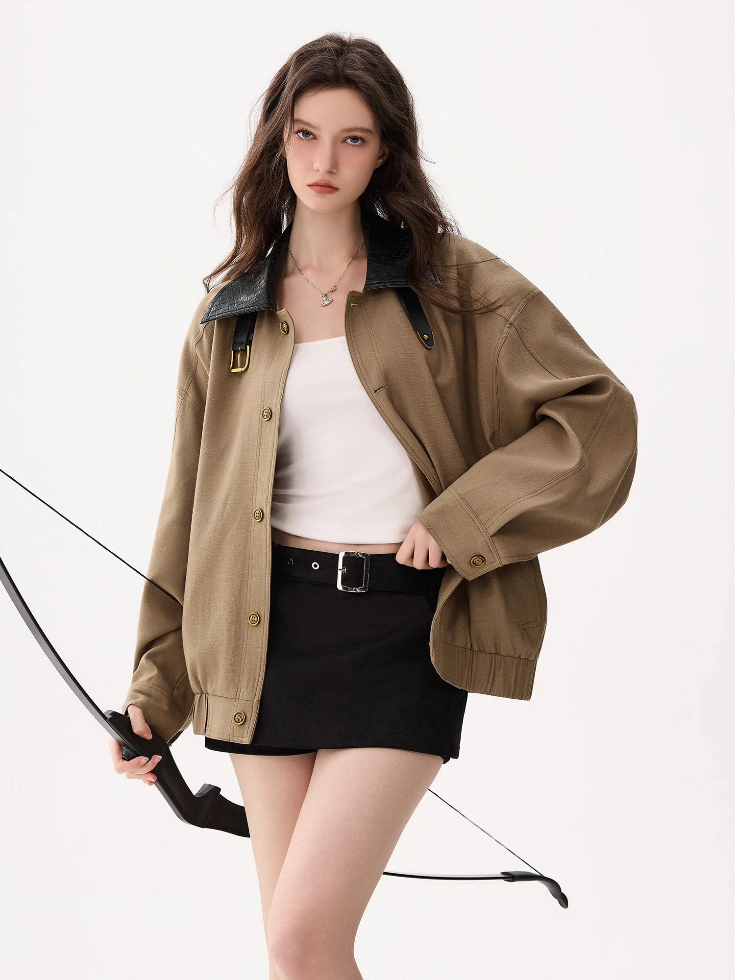 CHICERRO Sicilian Early Spring Neutral Style Loose Color Block Knitted Leather Collar Jacket Women's Fashionable Top