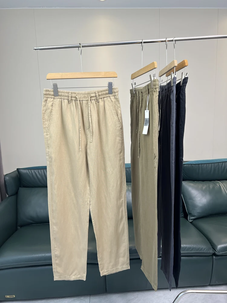 

High-End Linen Men's Summer Comfortable Breathable Loose Straight Casual Pants Elastic Waist Youthful Sle Pure Color