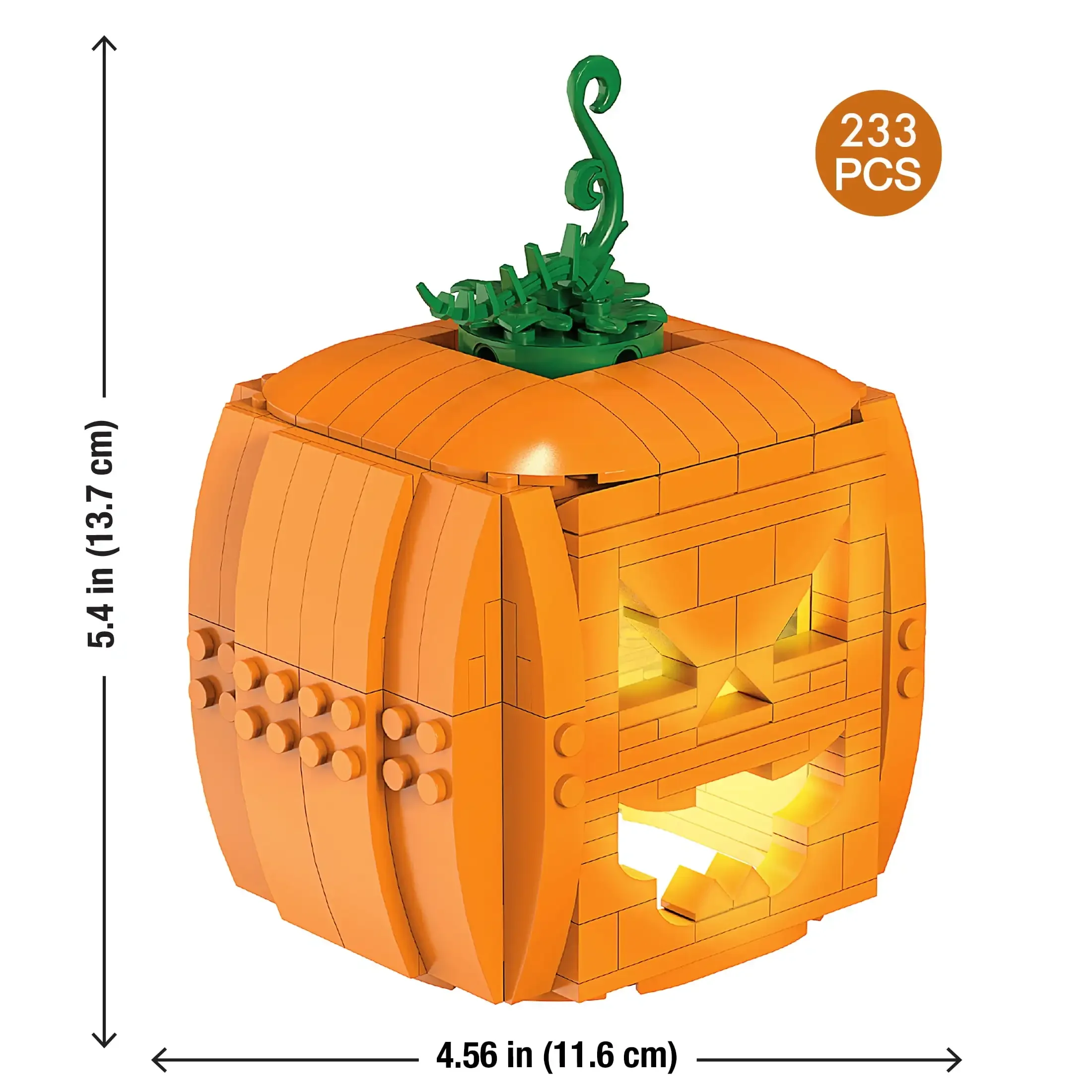 Creative Brick Pumpkin - 233 Pcs 3-Sided Jack-O-Lantern with LED Light, 13.7cm Halloween Build Kit for Family & Party Fun
