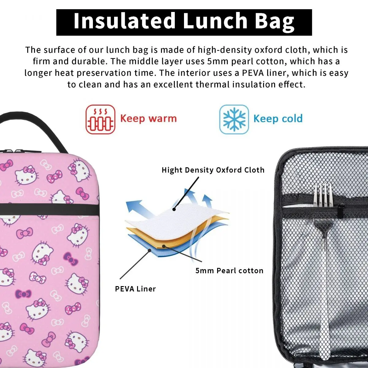 Hello Kitty Cute Insulated Lunch Bag For Girl Food Container Bags Portable Cooler Thermal Lunch Boxes For School Travel