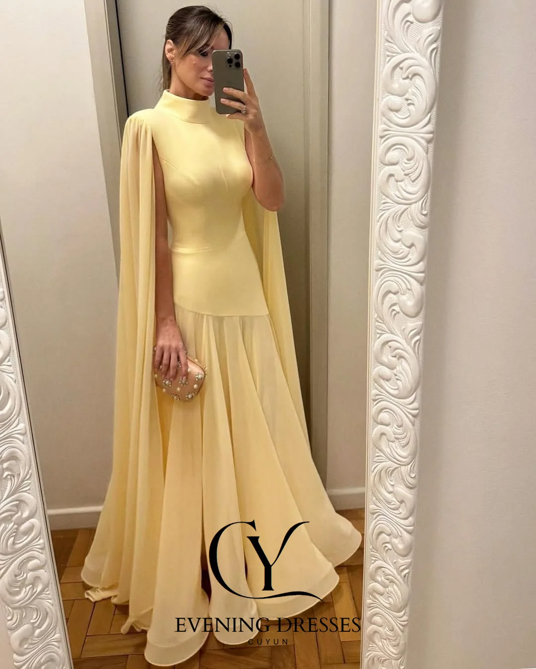 CUYUN Cream Yellow Evening Dresses Women High Collar Cape Sleeves Prom Gown Customized Patchwork Elegant Party Dresses image 4