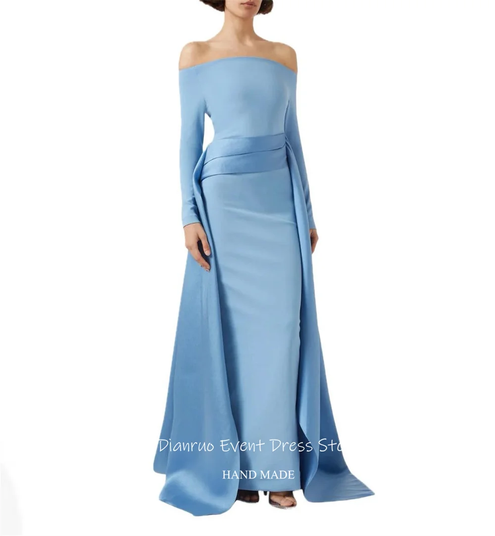 Dianruo Dubai Вечерние платья с рюшами Синий атлас فساتين سهرة Прямые платья для выпускного вечера с открытыми плечами в Аравии по индивидуальному заказу