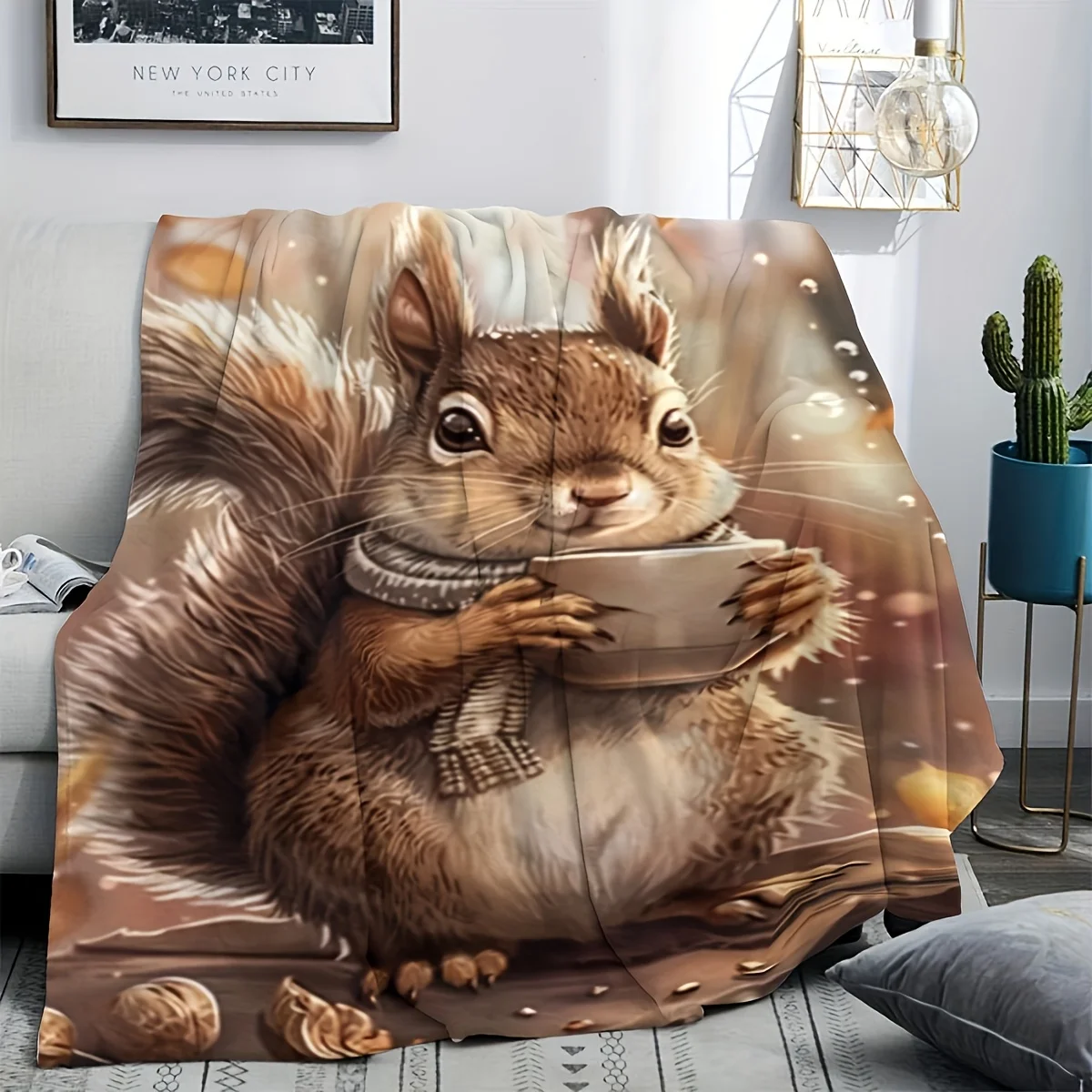 

Cute Squirrel with Tea Cup Ultra-Soft Cozy Blanket - Perfect for Winter Warmth and Comfort, Ideal Gift for Animal Lovers