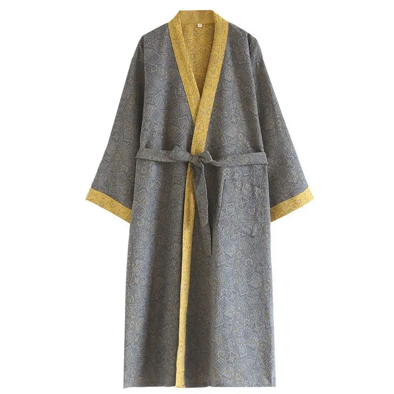 Unisex Double-Sided Wearable Cotton Bathrobe, Gray Yellow Geometric Pattern, Long Sleeve Belted Kimono Robe, Soft Loungewear For