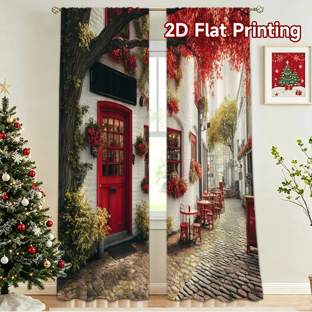 2D flat 2pcs Curtain Vintage drapes and curtains Autumn Cafe Street Durable polyester fiber Holiday Decorations for Room bedroom
