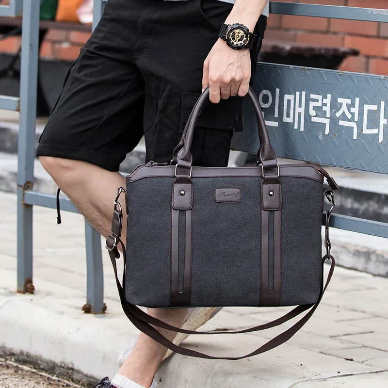 Korean Fashion Canvas Mens Bag Handheld Shoulder Crossbody Bag Bussiness Laptop Handbags For 14 /15 Inch Casual Briefcase