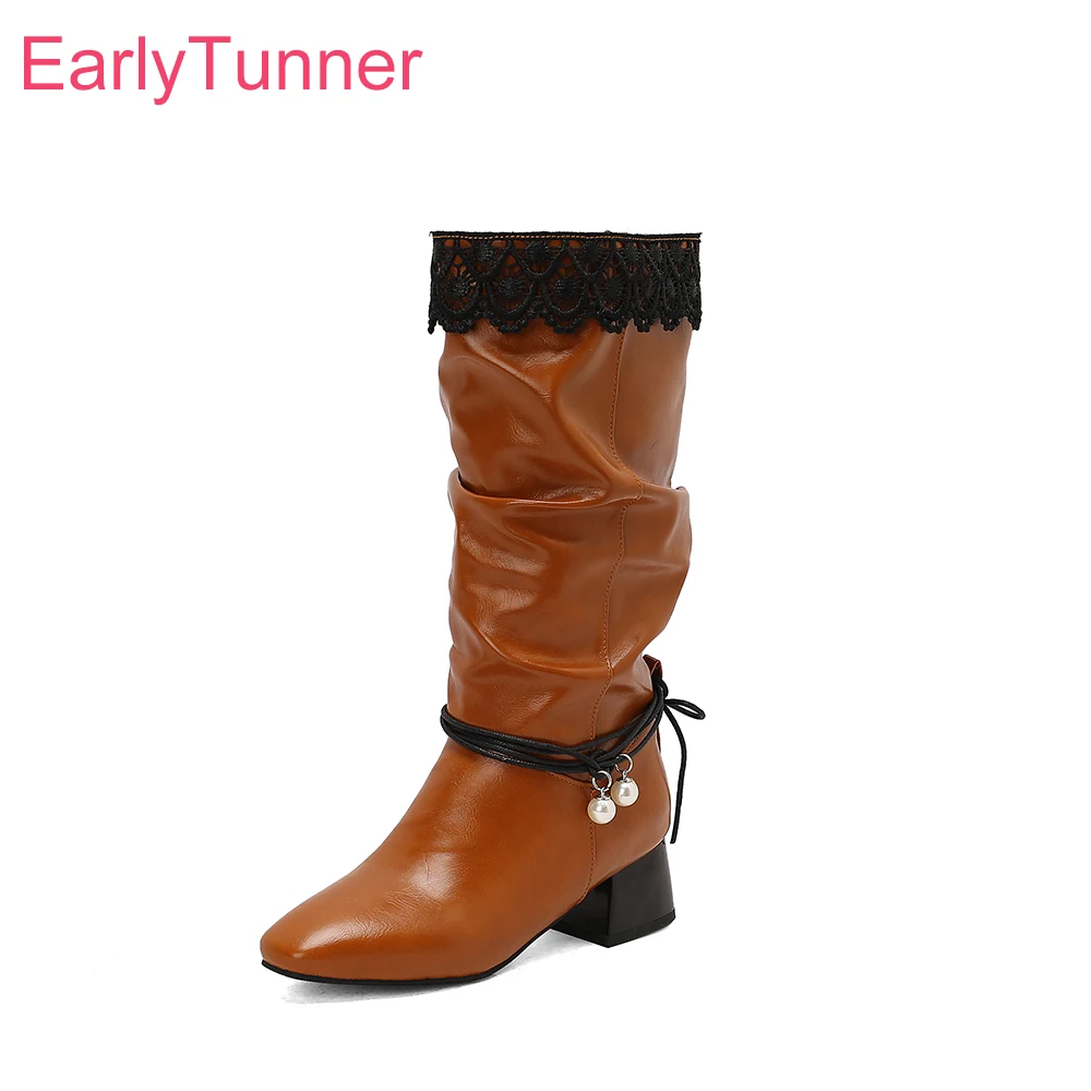2026 Winter Comfortable Women Mid Calf Riding Boots Med Block Heel Lady Dress Shoes Large Plus Size 11 43 46 48 Pointed Toe
