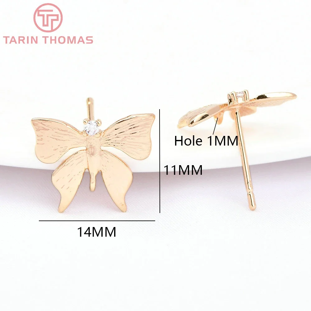 (7575) 6PCS 14x11MM 24K Gold Color Brass with Zircon Butterfly Shape Stud Earrings High Quality Diy Jewelry Findings Accessories