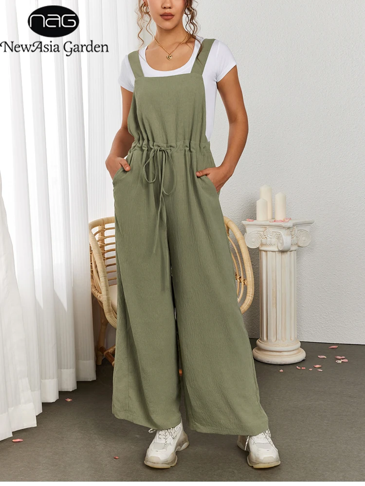 

NewAsia Women's Ice Silk Jumpsuit Sleeveless Backless Wide Leg Tie-Up Shoulder Straps Side Pockets Comfort Summer Casual Outfit