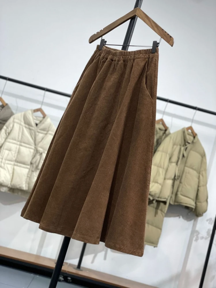 Autumn Winter Corduroy Skirts Women A-line All-match Cozy Elastic Waist Fashion Femme Casual Solid Elegant Ulzzang Chic Midi Ins