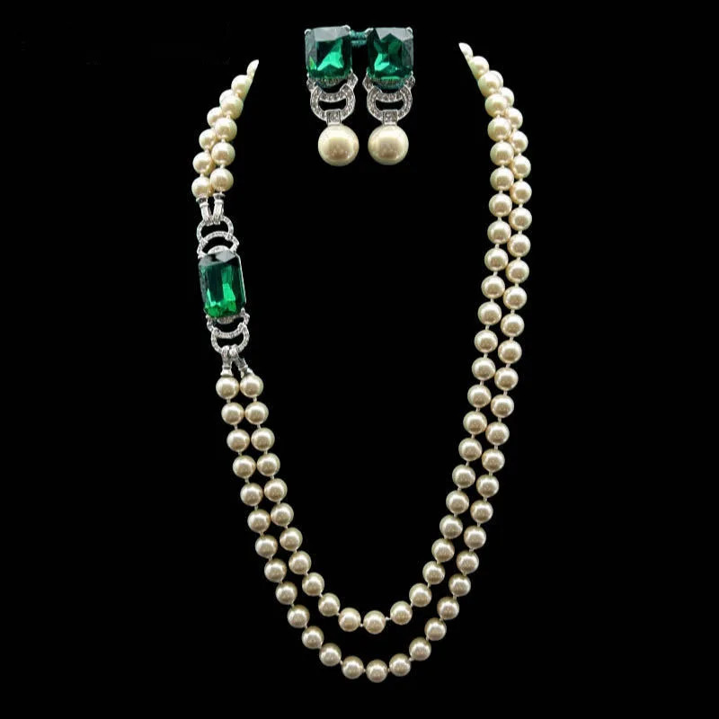 Designer Classic Jewelry Set Emerald Shell Pearl Necklace Earring Sets 081901