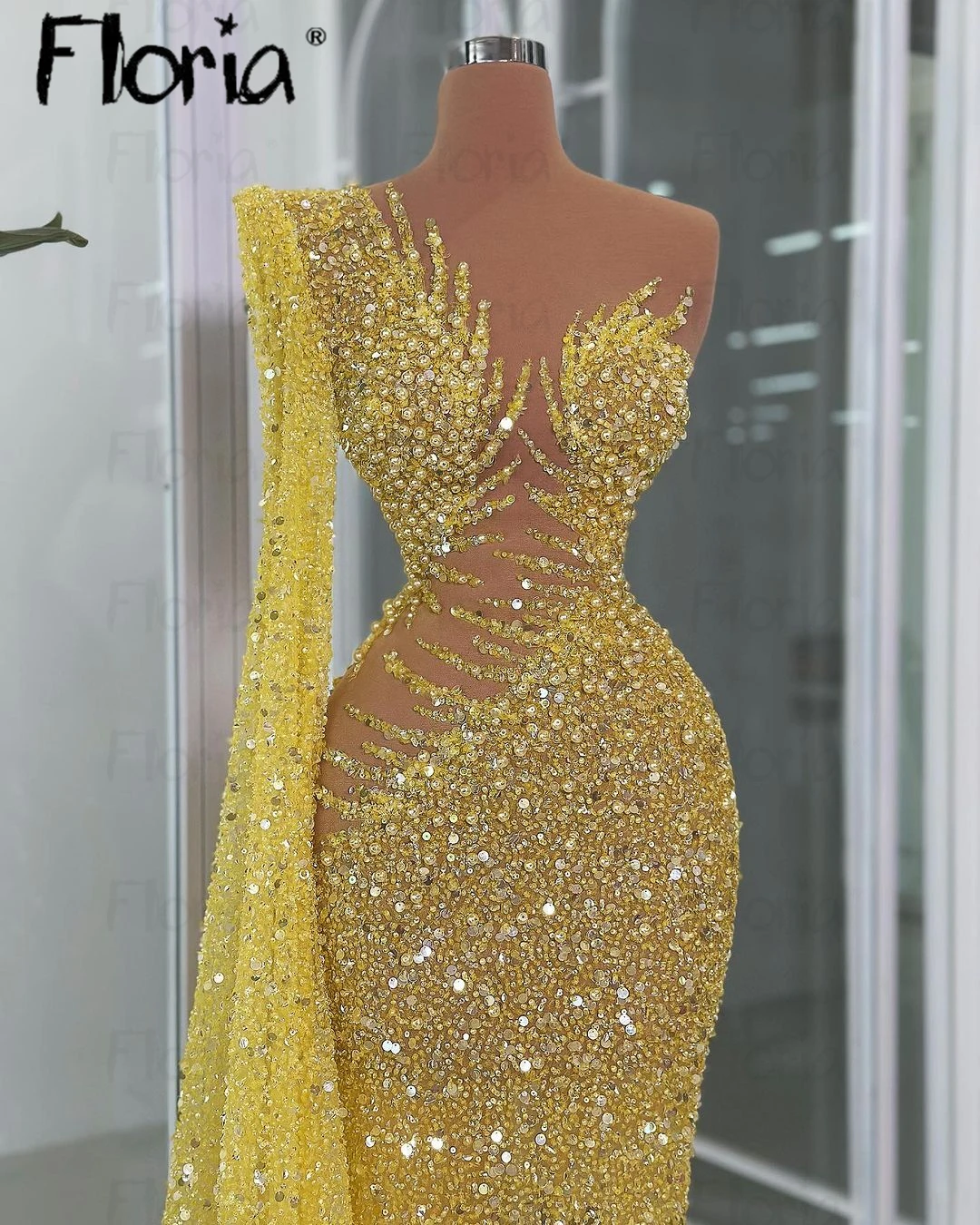 Floria-Vestido largo De lentejuelas para fiesta De cumpleaños, traje De noche con manga De capa, color amarillo, con alfombra roja personalizada