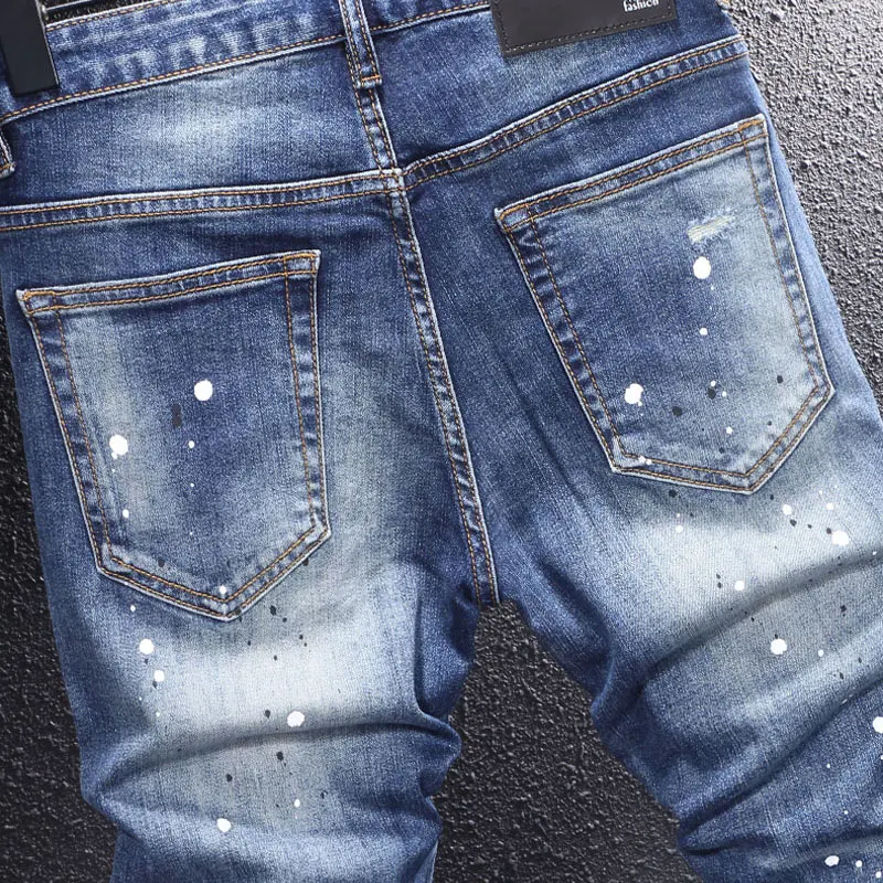 Y2KStreet-pantalones vaqueros nuevos de moda, vaqueros azules Retro con pintura de arrugas nostálgicas lavadas, pantalones adelgazantes elásticos, Hombre