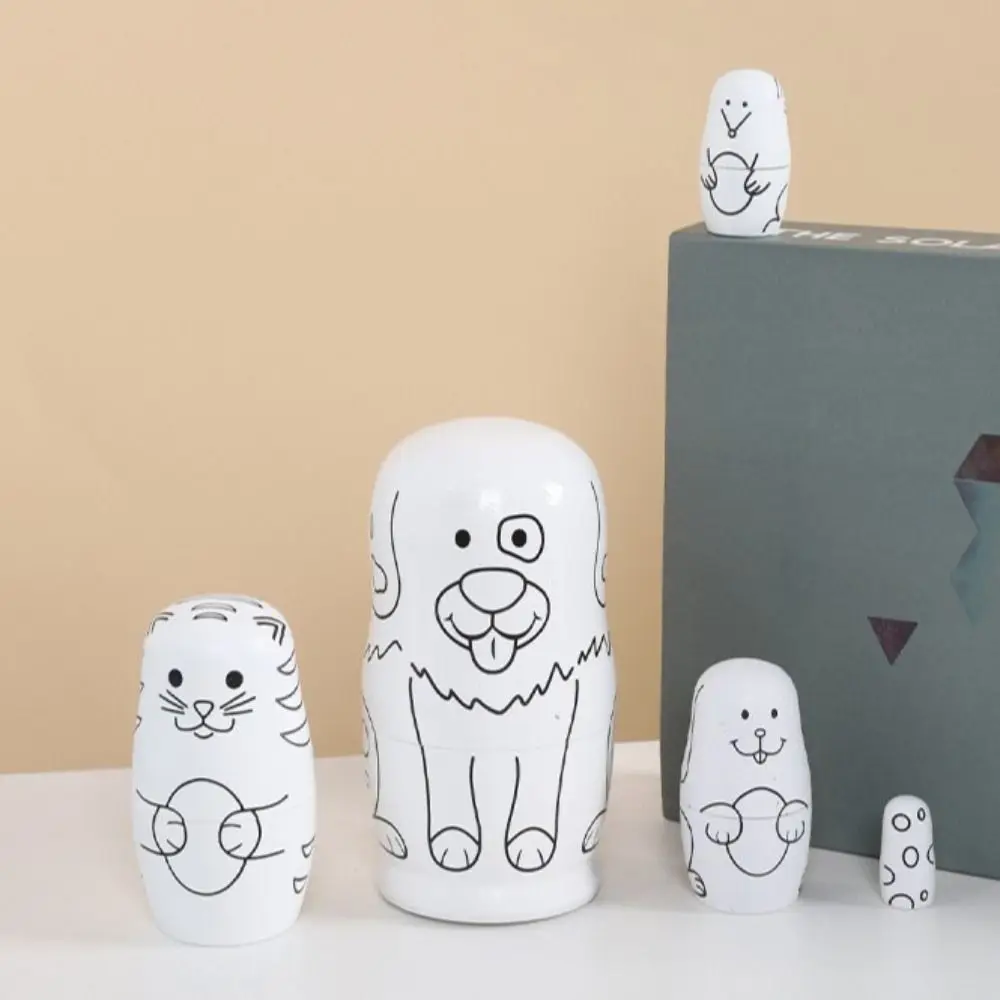 أرنب 5 قطعة/المجموعة الحيوان ماتريوشكا الخشب الحرفية خشبية التراص الدمى خط الكلب السلس الفتيات الروسية عيد الميلاد #4