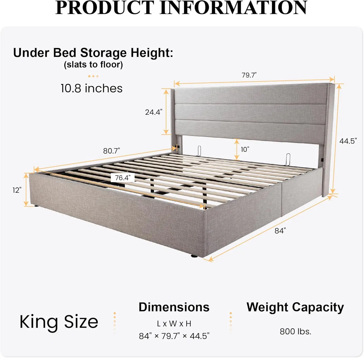 King Size Lift Up Storage Bed/Modern Wingback Headboard/Upholstered Platform Bed Frame/Hydraulic Storage/No Box Spring Needed/Wo