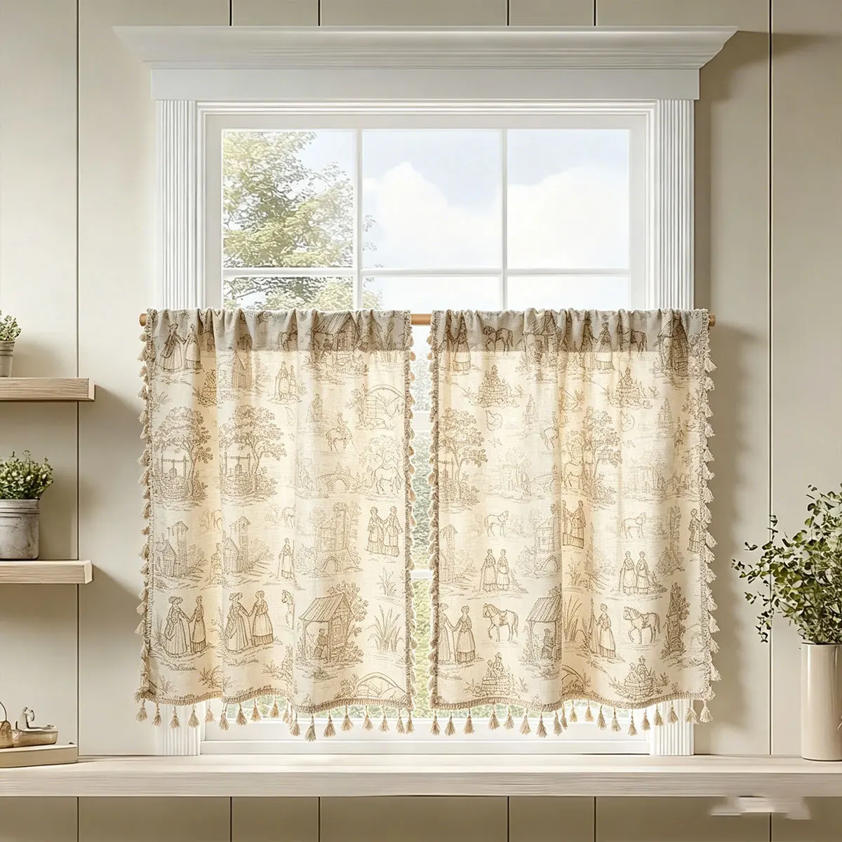 1pc Farmhouse Vintage Short Curtain, Bohemian Fringe Coffee Curtain, Cross-Border European Middle Eastern Curtains, Finished Pro