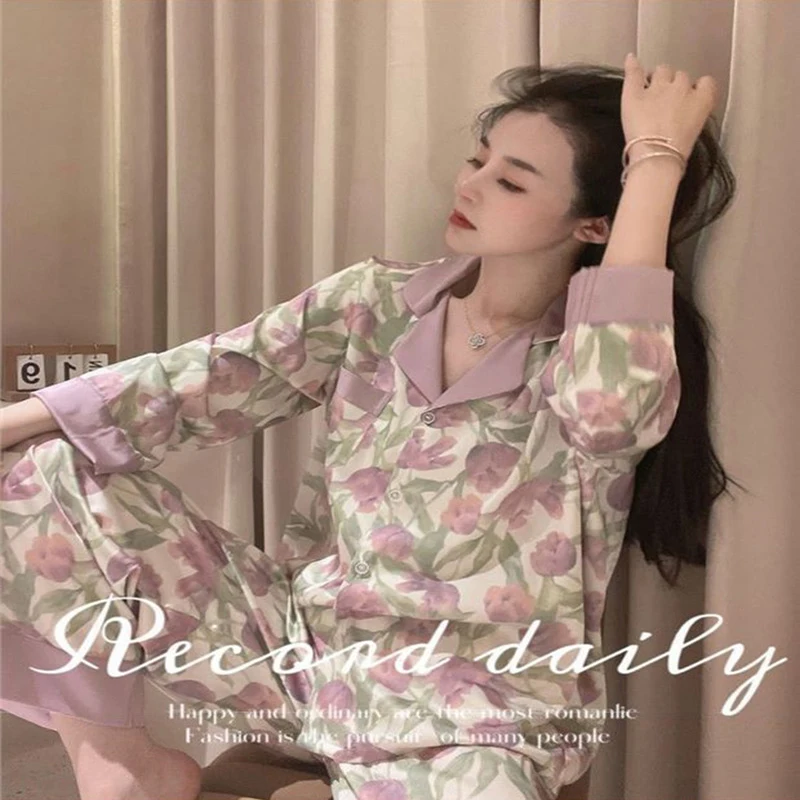 Ice Silk Pyjamas Female 2024 Summer New Sense of Light Luxury Long-Sleeved Thin Section of Homewear Suit Can Be Worn Outside