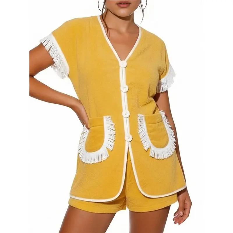 NEW-Womens 2 Piece Set Fringed Trim Short Sleeve Vneck Button Up Top Shorts Lounge Set With Pockets