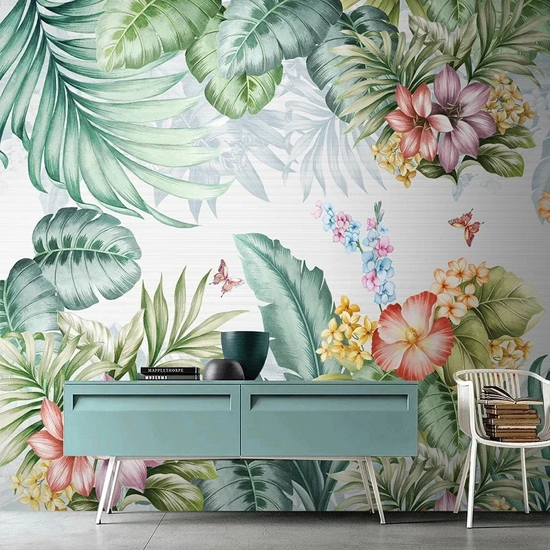 Custom Wallpaper Nordic Hand Painted Green Leaves Flowers Birds Murals Living Room TV Sofa Bedroom Backdrop House 3D Home Decor