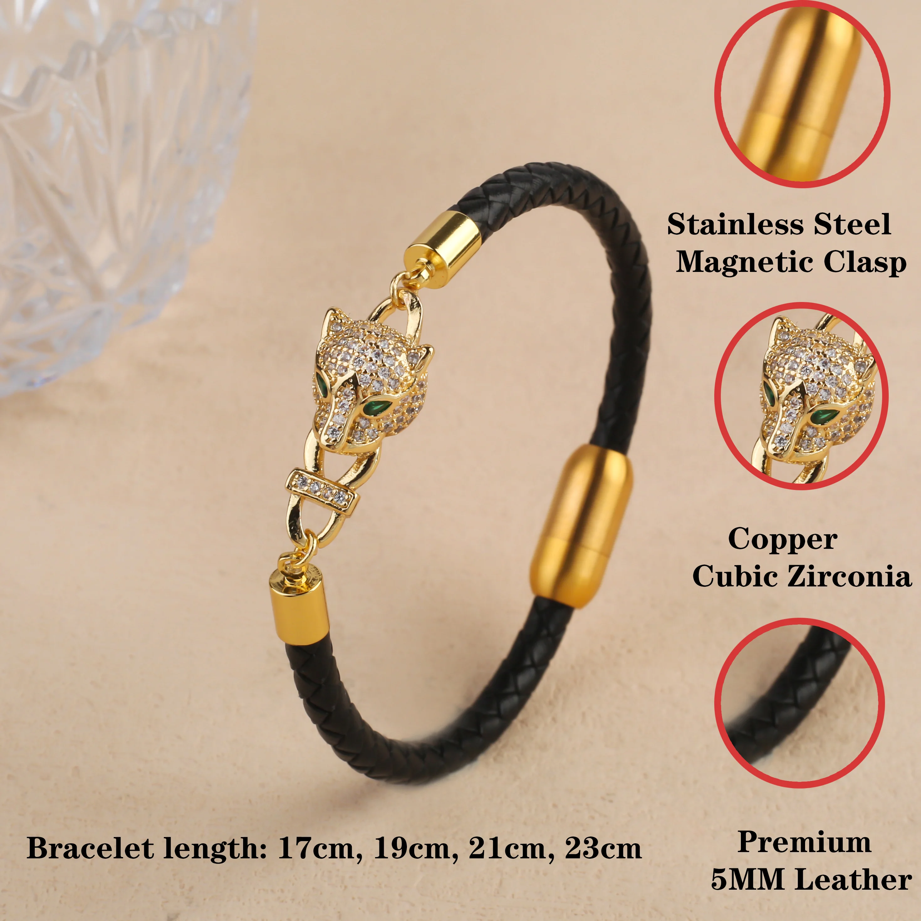 11 Style Classic Animal Leopard Head Cubic Zircon Leather Braided Stainless Steel Bracelet for Man Woman Daily Wear Jewelry Gift