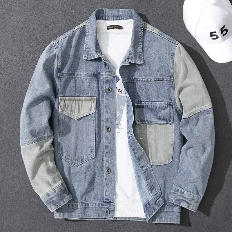 

Korean Style Denim Patchwork Outerwear Mens Collared Jacket Casual Minimalist Fashion Trendy Spring Autumn New Style Jacket