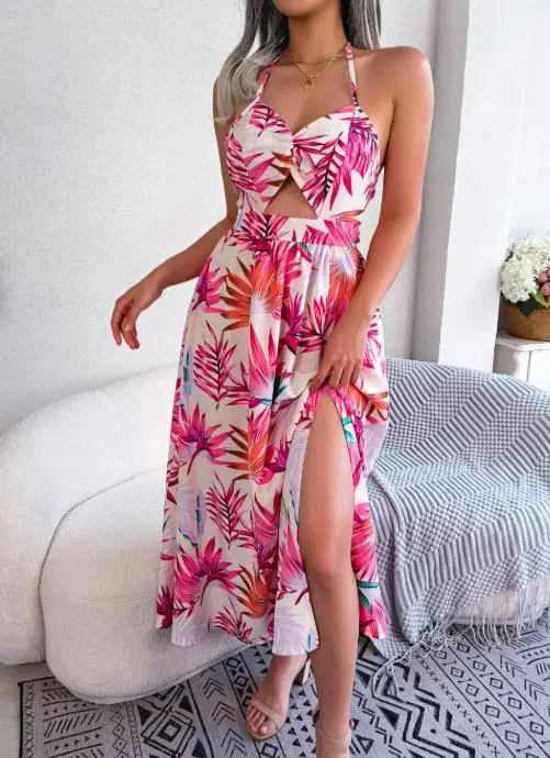 

2025 Summer Sleeveless Hollow Camisole Dress, Vacation Beach Dress, Women's Sexy Hollow V-Neck Hanging Neck Backless Dress