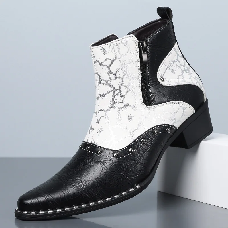 New Western Cowboy Ankle Boots Leather Side Zipper Rivet Decor Color Block Printed Pointed Toe Block Heel 2027 Fashion Men Shoes