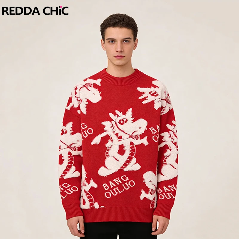 

REDDACHIC Cutecore Dragon Men Pullover Sweater Crew Neck Long Sleeve Oversize Flocked Knit Jumper Top Casual Fall Winter Clothes