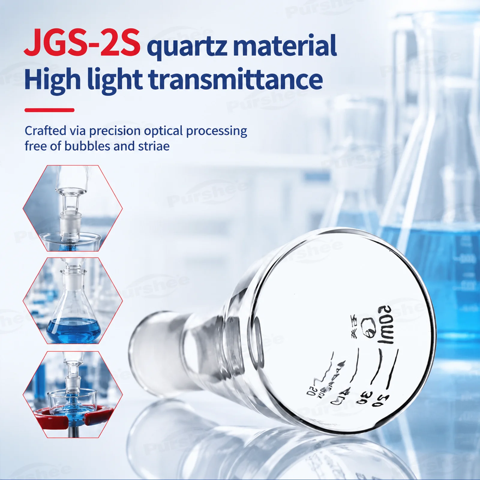 JGS-2 Quarz-Erlenmeyerkolben 50ml 100ml 150ml 250ml Hochtemperaturbeständiger Graduierter Konischer Kolben Labor-Messglaswaren – Detail 5