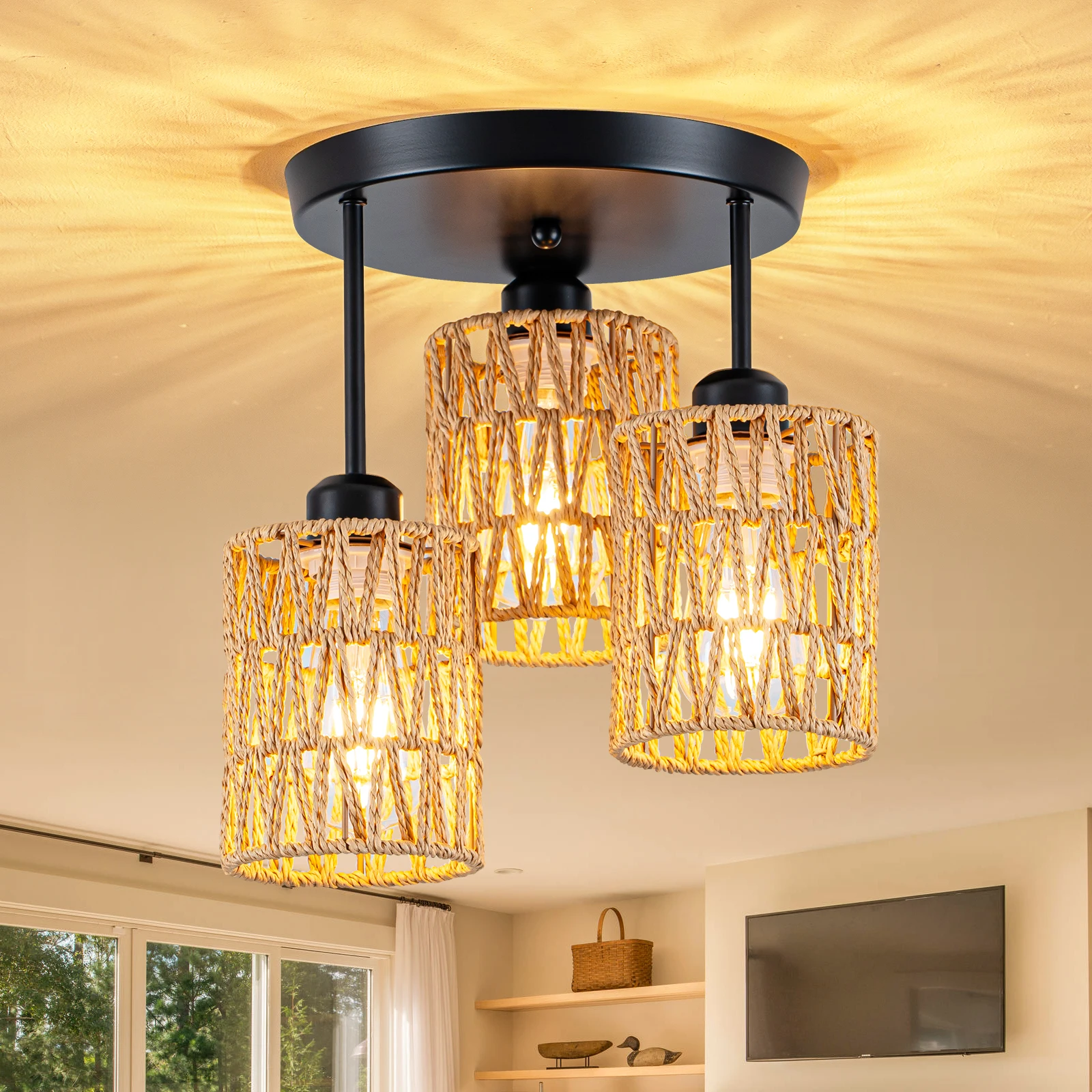 3-Lights Boho Light Fixtures Ceiling Mount, Farmhouse Rattan Chandelier, Hand Woven Cage Shade Semi Flush Mount Ceiling Lights for Bedroom Foyer Entryway Kitchen, Hallway Rattan Light Fixtures Ceiling Bulb Not Included
