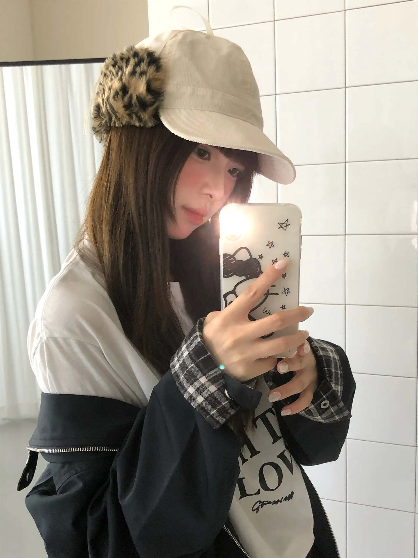 Gorra de béisbol con orejeras de diseño lindo de piel de oreja de animal de leopardo coreano