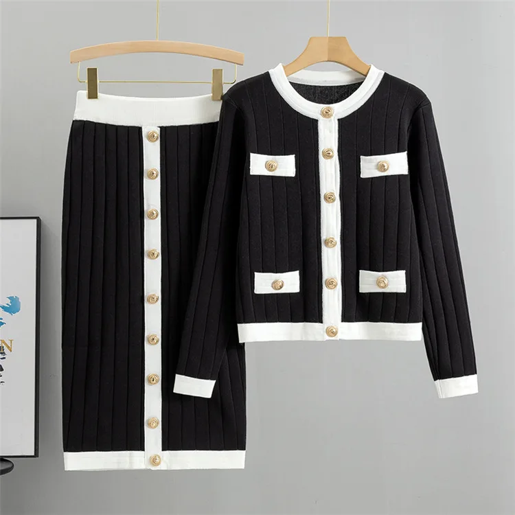 ZJYT Autumn Winter Knitting Suit Sweater Skirt Set Two Piece Womens Outfit Long Sleeve Color Block Cardigan Top Matching Sets