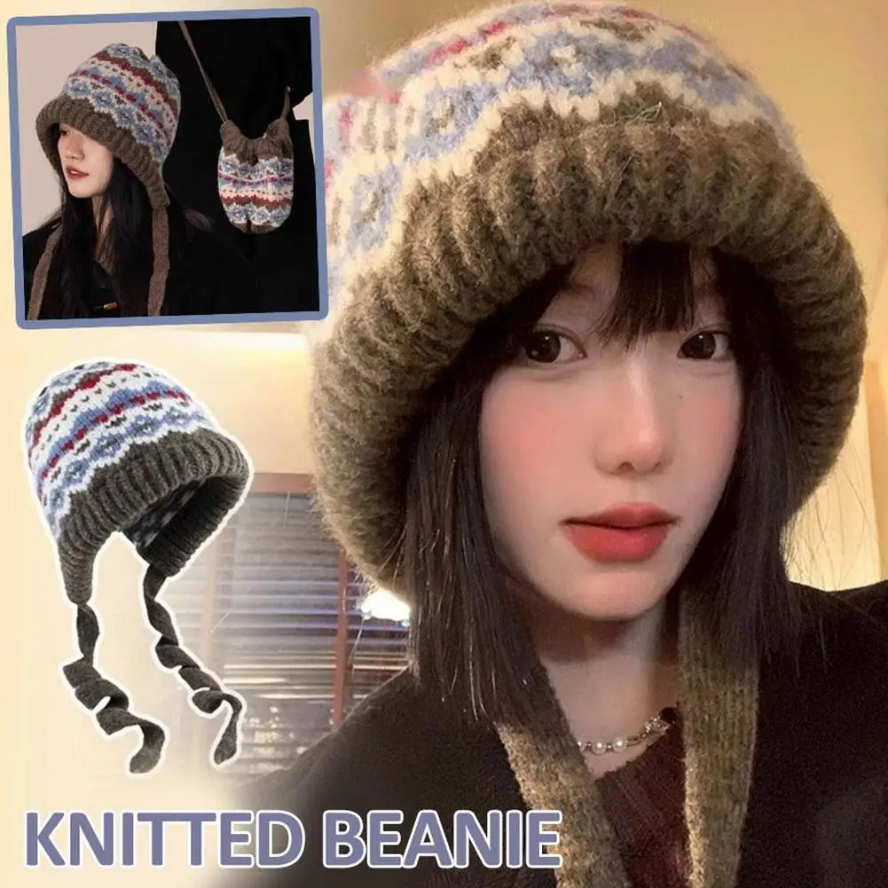 Fair Isle Knitted Balaclava Hat for Women, Winter Warm Hat with Ear Protection, Retro Fisherman Beanie, Trendy Yarn Stocking Cap