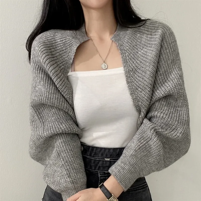 Cardigan à manches évêque pour femmes, pull polyvalent, haut ultra court à la mode, automne