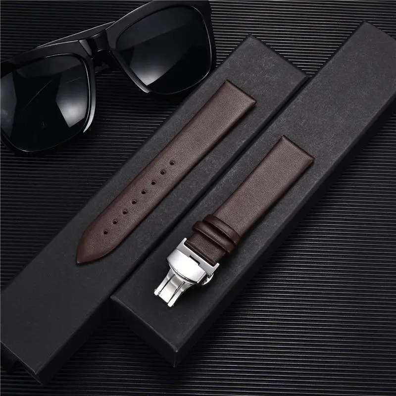 Ultra-thin Genuine Soft Leather Strap 18mm 20mm 22mm with Stainless Steel Butterfly Clasp Men Women Watchbands