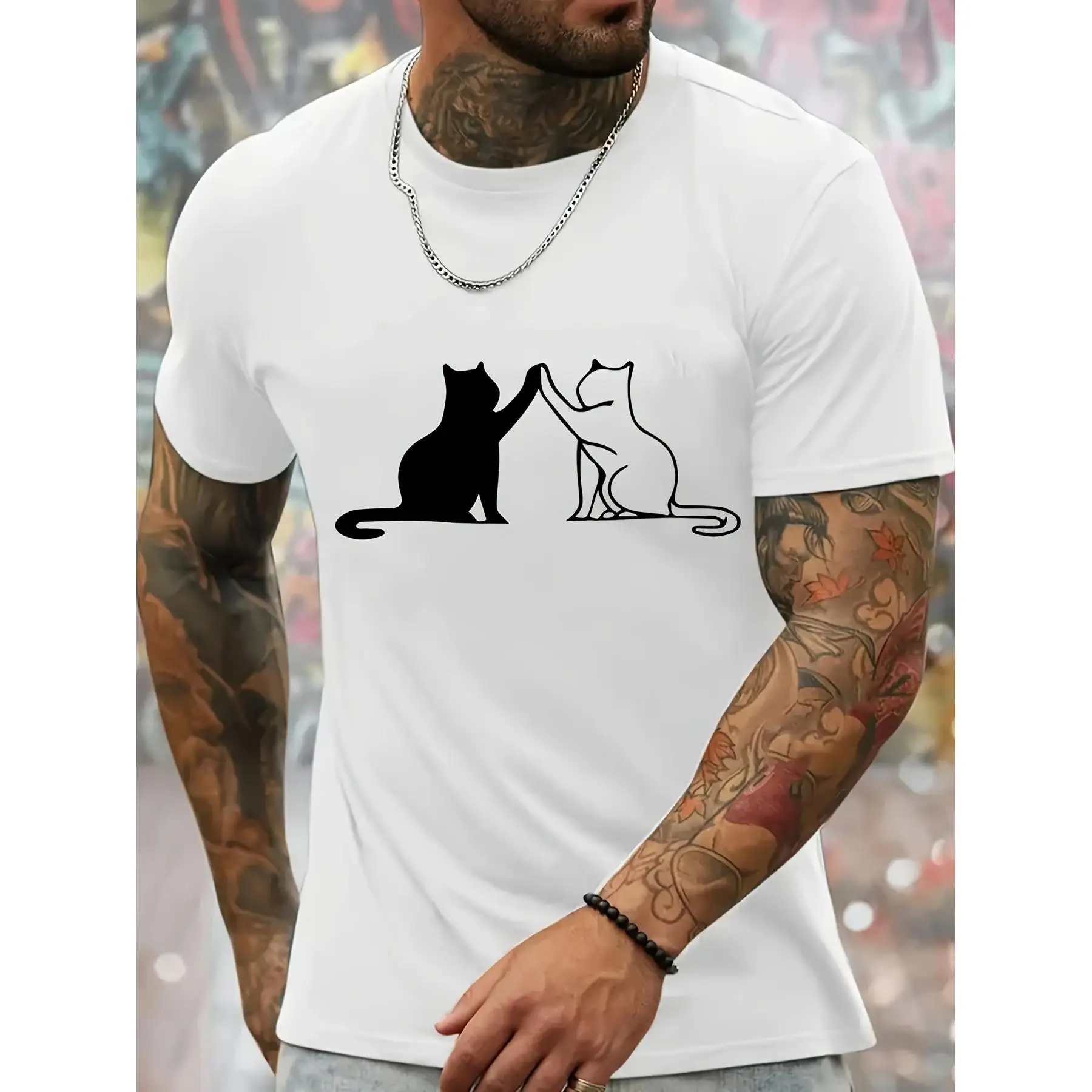 

Black White Cats High Five T-Shirt for Couples Friends Matching Top Simple Pet Lover Graphic Tee Summer Casual Cute Animal Print