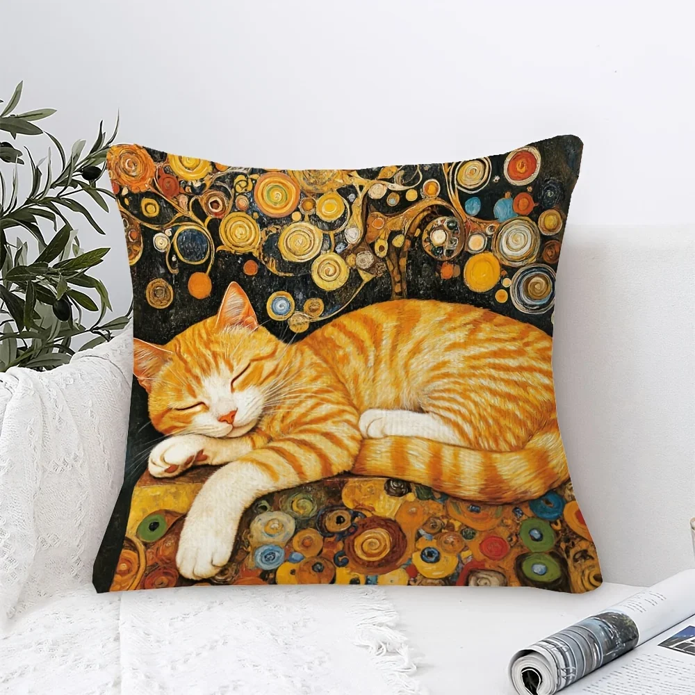 2D flat- Vintage Art Nouveau Sleeping Ginger Cat Throw Pillow Cover Luxury Gustav Klimt Style Decorative Cushion Case