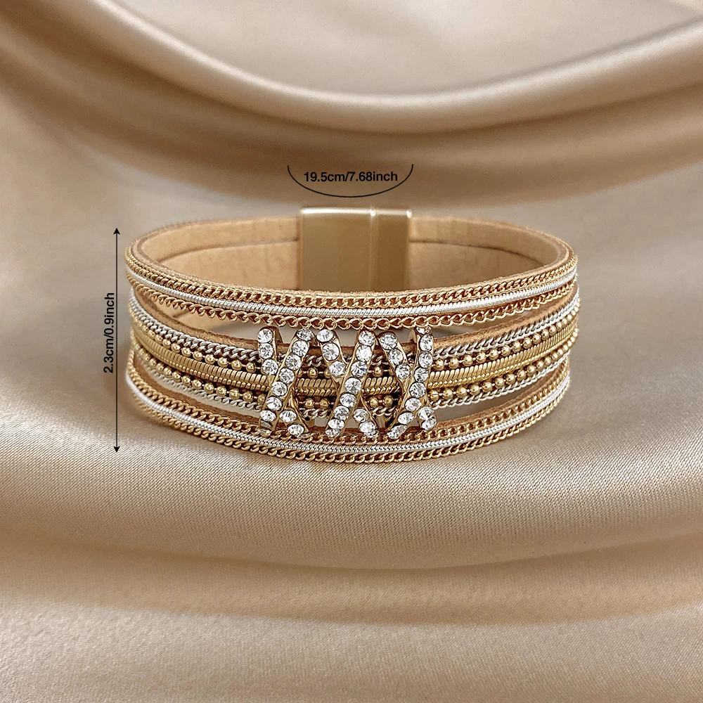 ALLYES Bohemianisches Strass-Streifen-Lederarmband für Damen, Vintage, mehrlagig, breites Wickelarmband, Charm-Schmuck – Detail 7