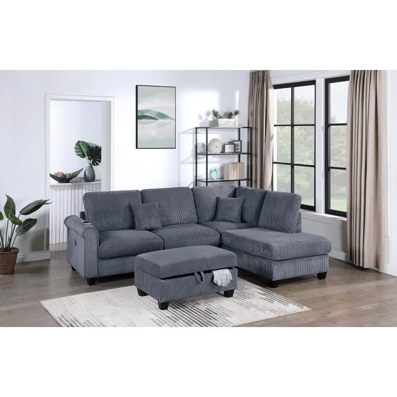 Contemporary Dark Gray 3pc Sectional Set Corduroy Upholstered LAF Sofa RAF Chaise Ottoman L-Sectional Living Room Furniture