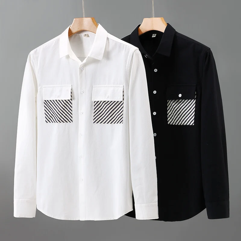 Contrast Color Pockets Shirts For Men Long Sleeve Cotton Natural Spring Quality Skin-Friendly All Match Trendy Camisas De Hombre