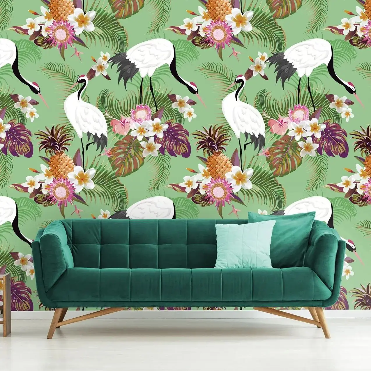 Self Adhesive Animal Green Wallpaper,Tropical Birds and Flowers Peel and Stick Wall Mural For Room Decor,Or Tradition Non-woven
