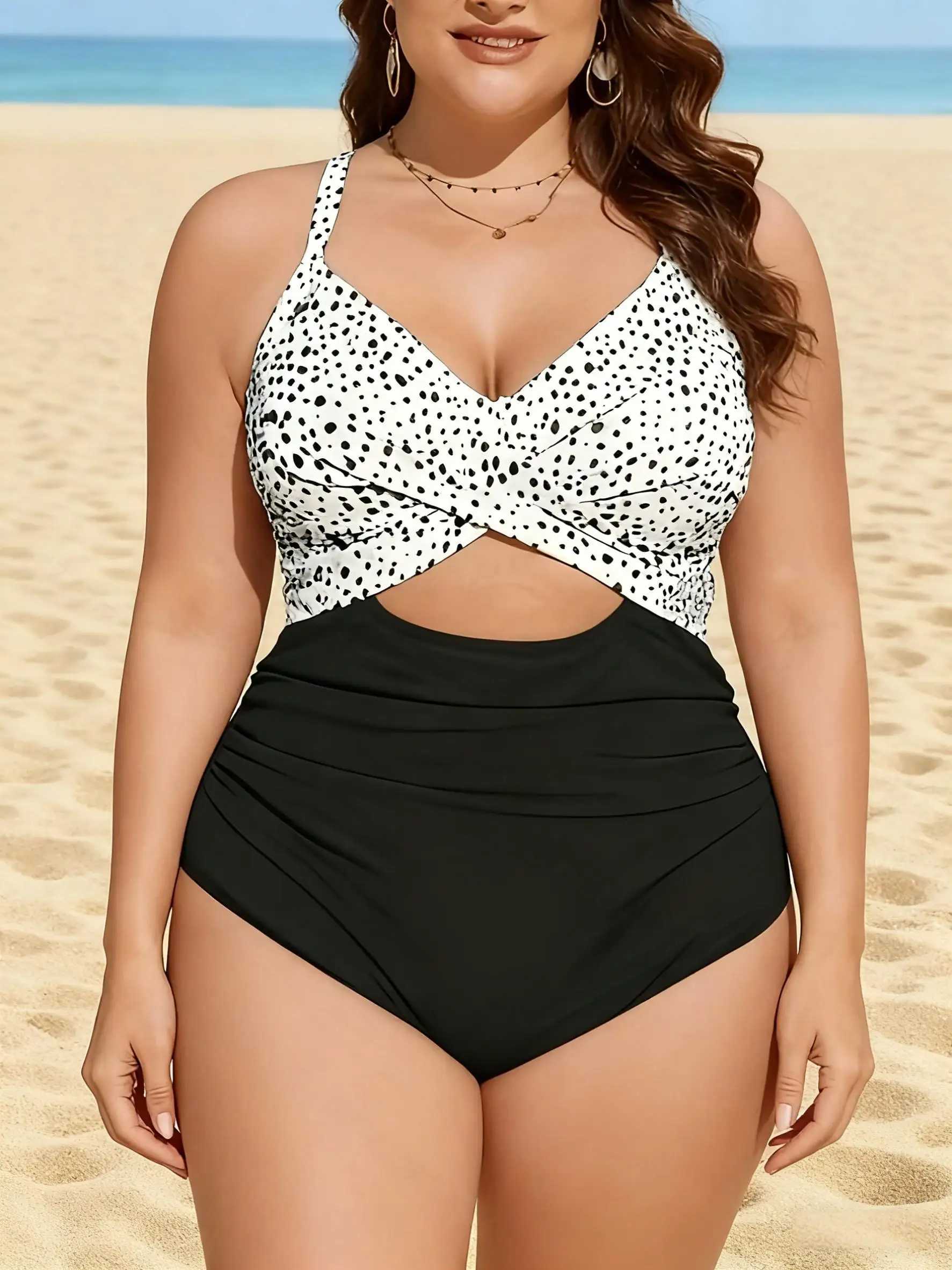 New elegant plus size polka dot one-piece swimsuit
