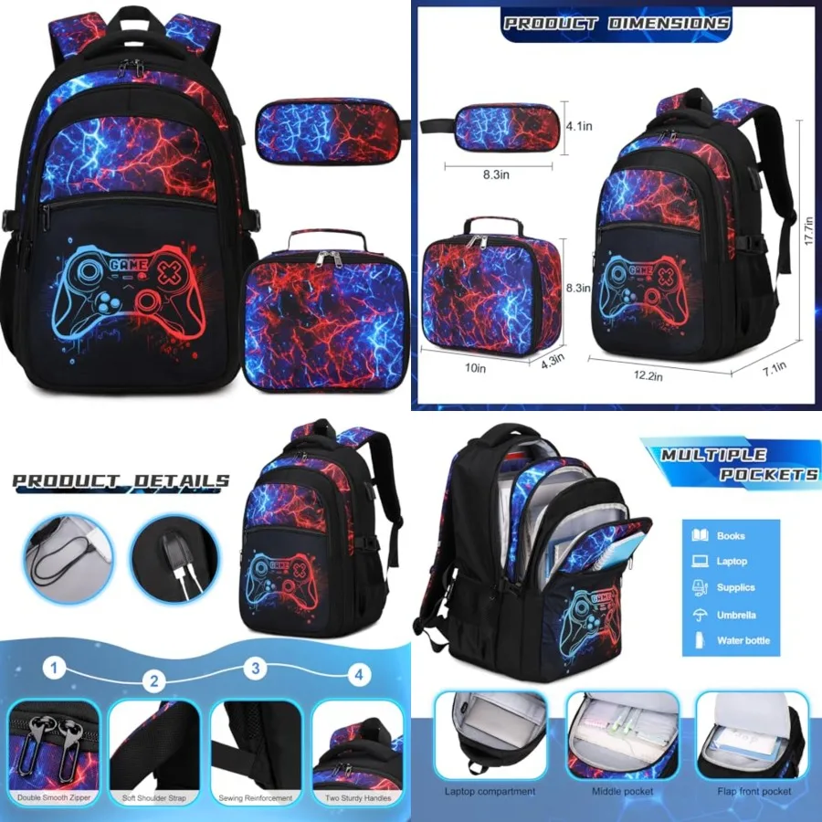 

Boys Backpack for School, 3PCS Cool Luminous Gamer Backpack for Boys with Lunch Box Pencil Case, Backpacks Bookbag for Teen Boy