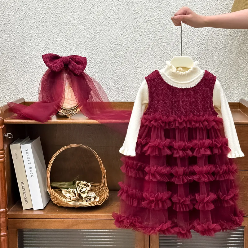 【Custom Wholesale】Girls' Dress2024Autumn and Winter Wild Western Style Heavy Industry Fleece-lined Cake Dress Birthday Dress